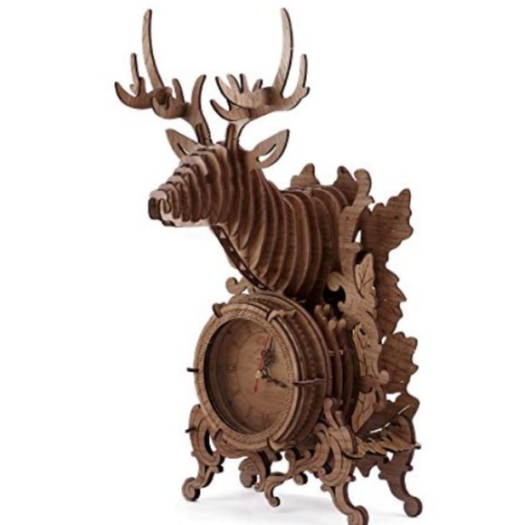 Nicknack 3D Jigsaw Puzzle Wooden Reindeer Desk Clock Model Kits - 52 PCS (Dark) - Picture 3 of 11